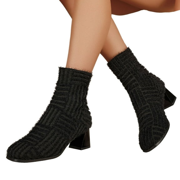 Knit Winter Ankle Boots for Women Cute Square Toe Stretch Slip on Block Heel Dressy Sock Booties