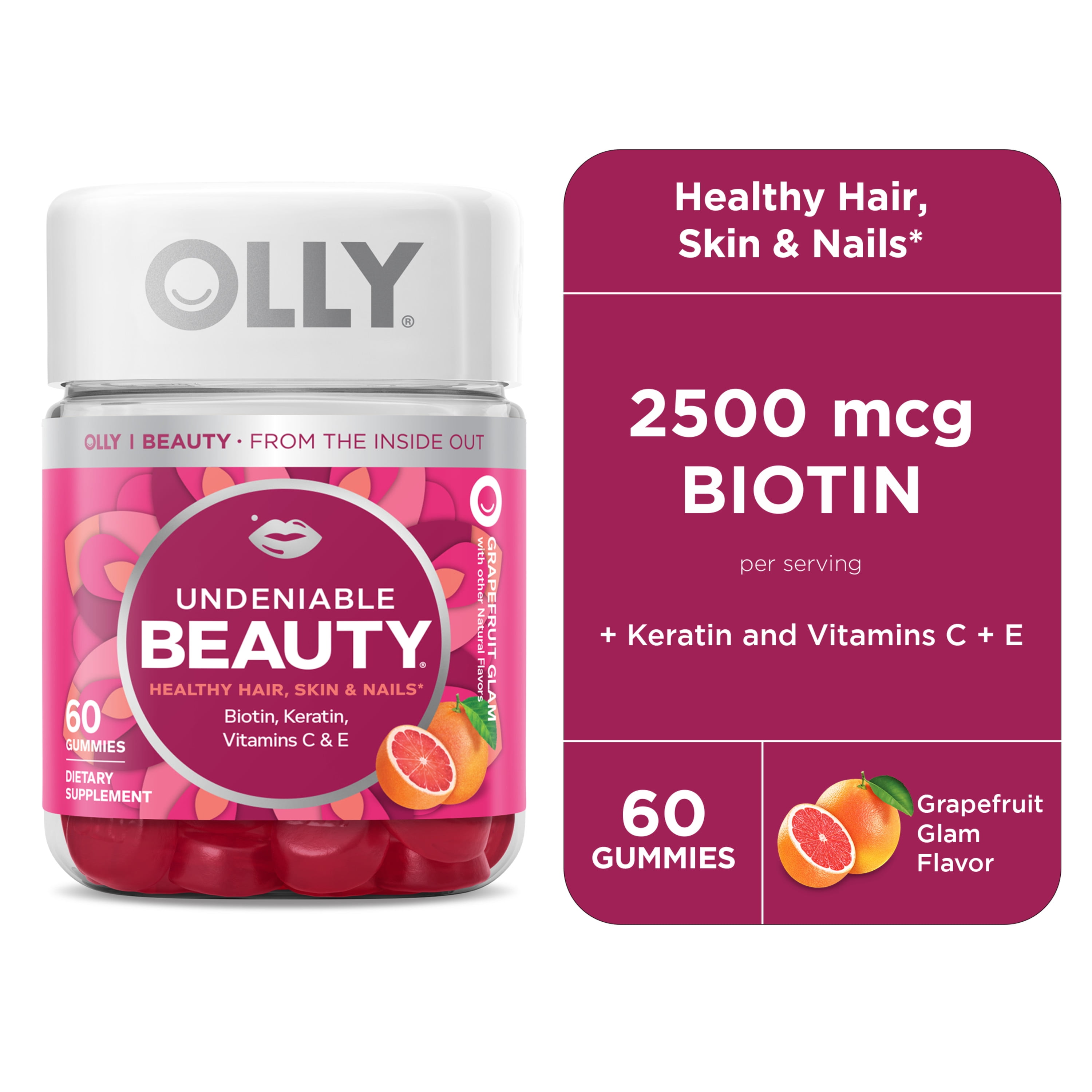 OLLY Undeniable Beauty Gummy, Supplement for Hair, Skin, Nails, Grapefruit, 60 Ct
