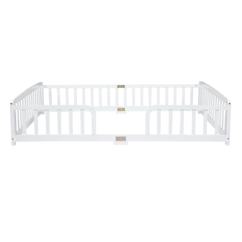 Queen Size Montessori Kids Floor Bed with Entrance, Toddler Crib Fence Bed, Low-Profile Wood Platform Bed Frame with Curved Guardrails