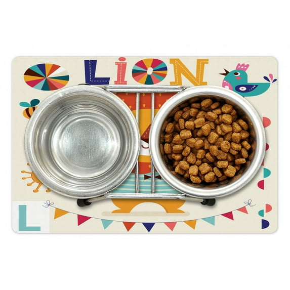 Letter L Pet Mat for Food and Water, Cartoon Letters Lion for L Educational Print, Non-Slip Rubber Mat for Dogs and Cats, 18" X 12", by Ambesonne