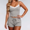 thumbnail image 2 of MEZZALL Women 2 Piece Sleepwear Set Lace Spaghetti Strap Ribbed Camis Tops Drawstring Scalloped Shorts Solid Color Pajama Set for Daily Home Relaxation Breathable Pjs, 2 of 4