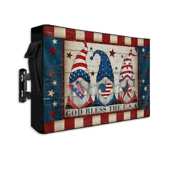 Gnomes Outdoor TV Cover 52 to 55 Inch Weatherproof, Independence Day Dwarf American Flag Star 600D Oxford TV Covers with Waterproof Zipper, Outside Flat TV Screen Protector 52"Wx19"Hx4.5"D
