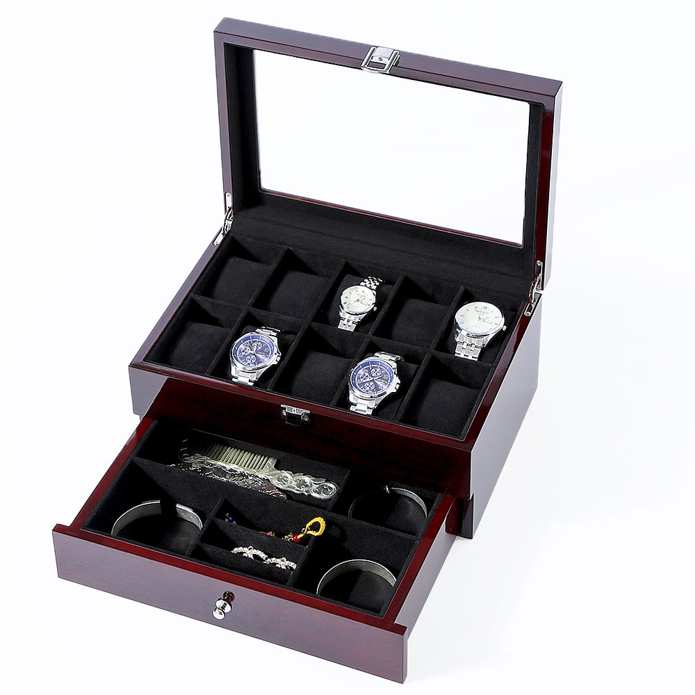 Lowestbest 10 Slots Wooden Watch Box, Jewelry Organizer Storage Case with Real Glass Top Lowestbest 10 Slots Wooden Watch Box, Jewelry Organizer Storage Case with Real Glass Top