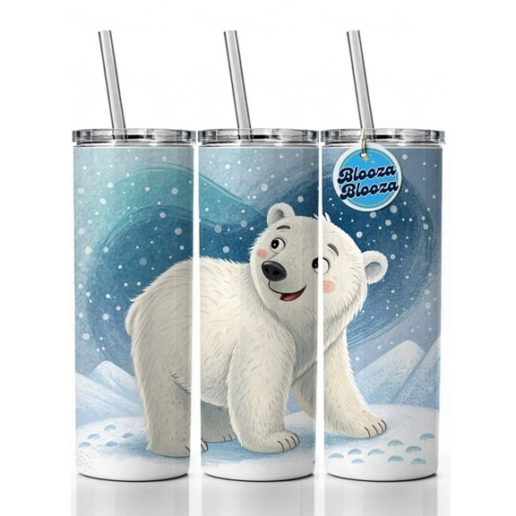 Polar Bear Children's Illustration Style 20oz Insulated Water Bottle Skinny Tumbler Includes Straw