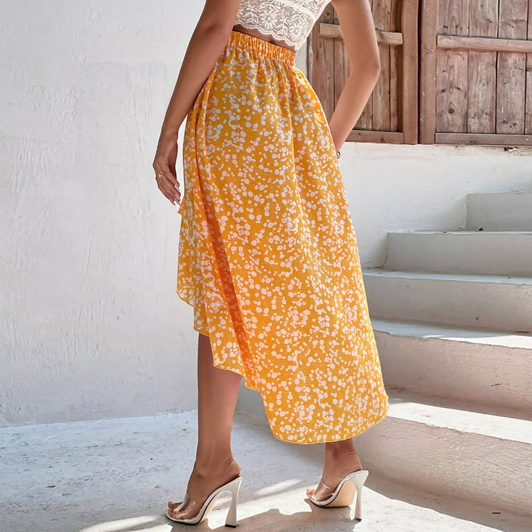 xinqinghao summer skirt women's boho floral print wrap irregular print fringe resort skirt skirt plus size skirts yellow l - Walmart.com