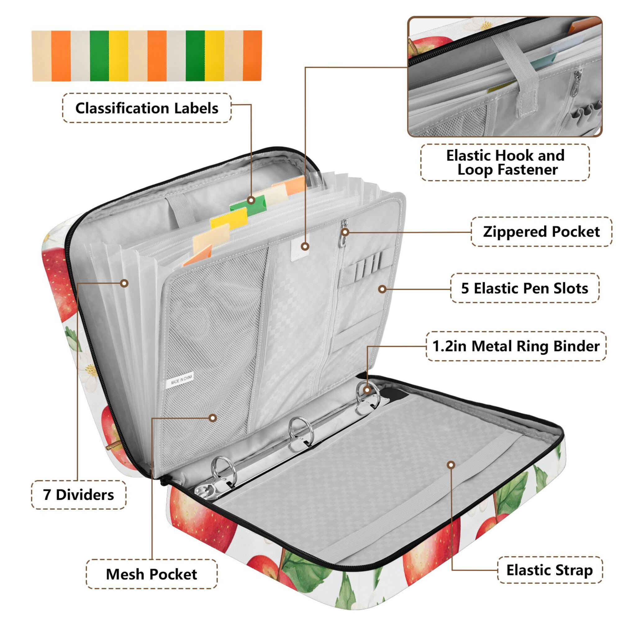 FORMRS Accordion File Folder A4 Size 7-Pocket Expanding Document Organizer Bag with 3 Ring Binder, White Apple Pattern