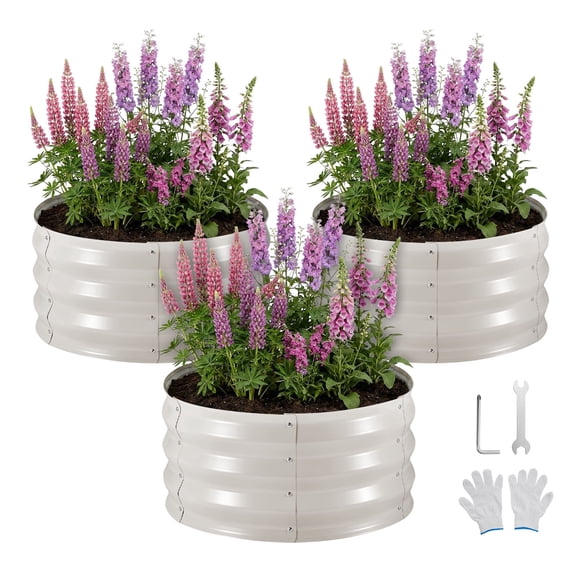 VEVOR 3 Pcs Galvanized Raised Garden Beds, 2 x 2 x 1 ft, Round Metal Planter Boxes Kit Outdoor, Bottomless Elevated Garden Boxes with Gloves, Alu-Zinc, for Planting Flowers Vegetables Herbs, Beige