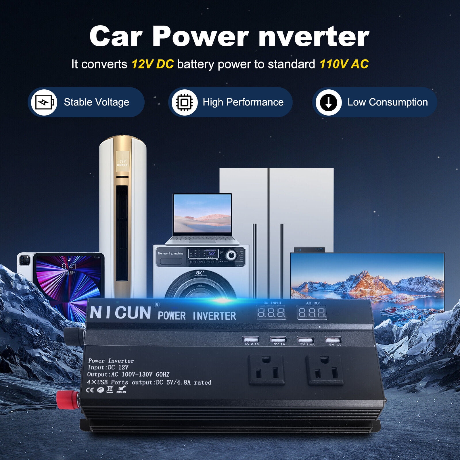 6000W Car Power Inverter DC 12V To 110V AC with Dual Outlets and USB Charger, High-Capacity Power Converter for Vehicles Trucks Camping and Outdoor Use, Solar Converter LCD Display