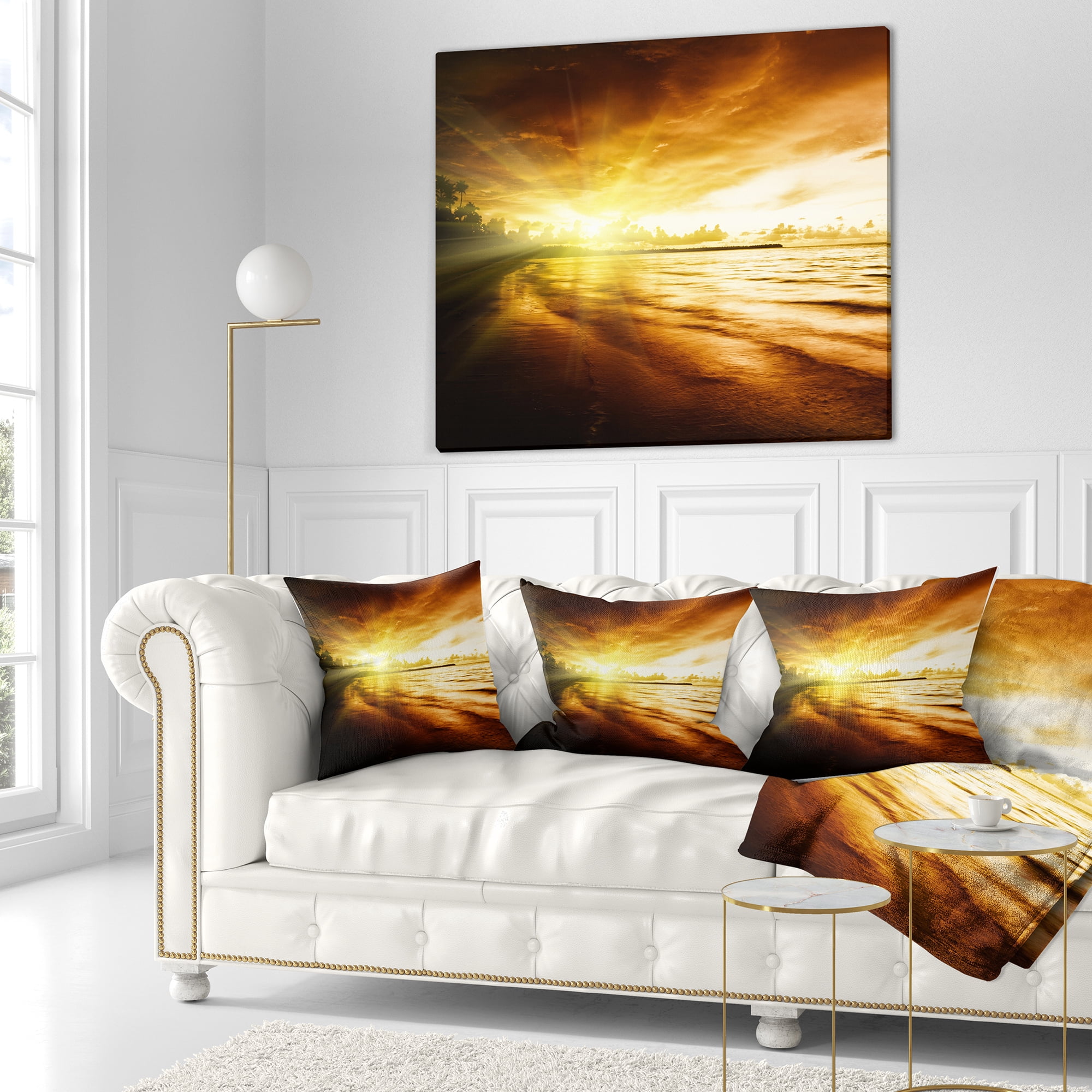 Designart Breathtaking Yellow Caribbean Beach - Seascape Throw Pillow - 16x16