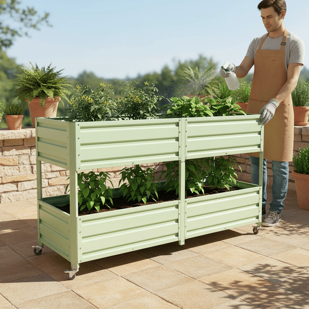 Mintazer 2-Tier Elevated Metal Raised Garden Bed with Lockable Wheels, 2-Layer Raised Planter Box for Backyard Patio Balcony Greenhouse, Green