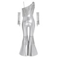 thumbnail image 5 of TiaoBug Kids Girls' Metallic Bell Bottom Jumpsuit Sleeveless One Shoulder One Piece Dance Outfits with Gloves Silver 6, 5 of 6