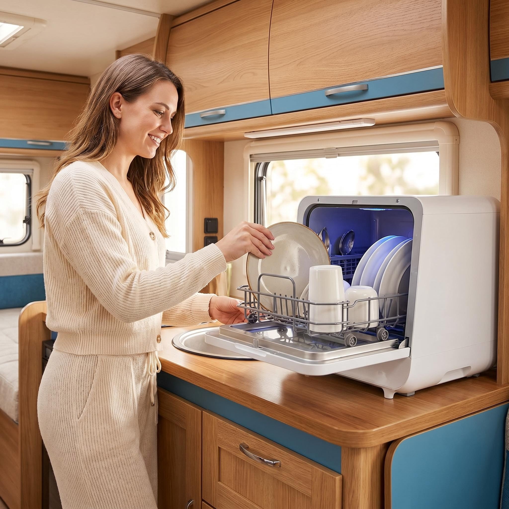 FUNGQI Portable Countertop Dishwasher with Self-Priming Mode, 6 Wash Cycles Compact Tabletop Washer, 5L Capacity, 162°F High-Temp Steam Sanitizing, Extra-Drying for Modern RV Apartments, 115V
