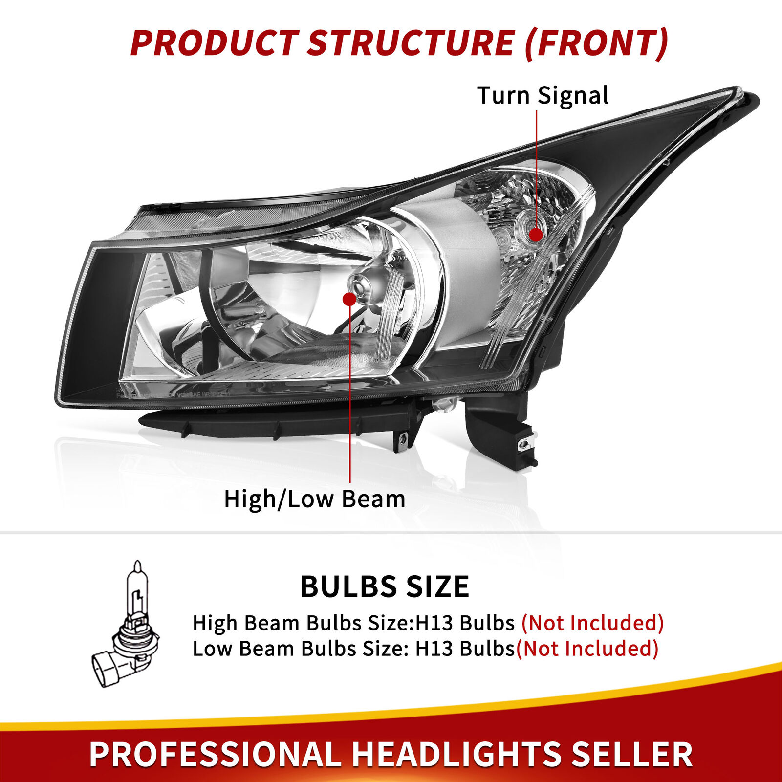 RVNI Black Housing Headlights Replacement For 2011-2015 Chevy Cruze Left+Right Lamp