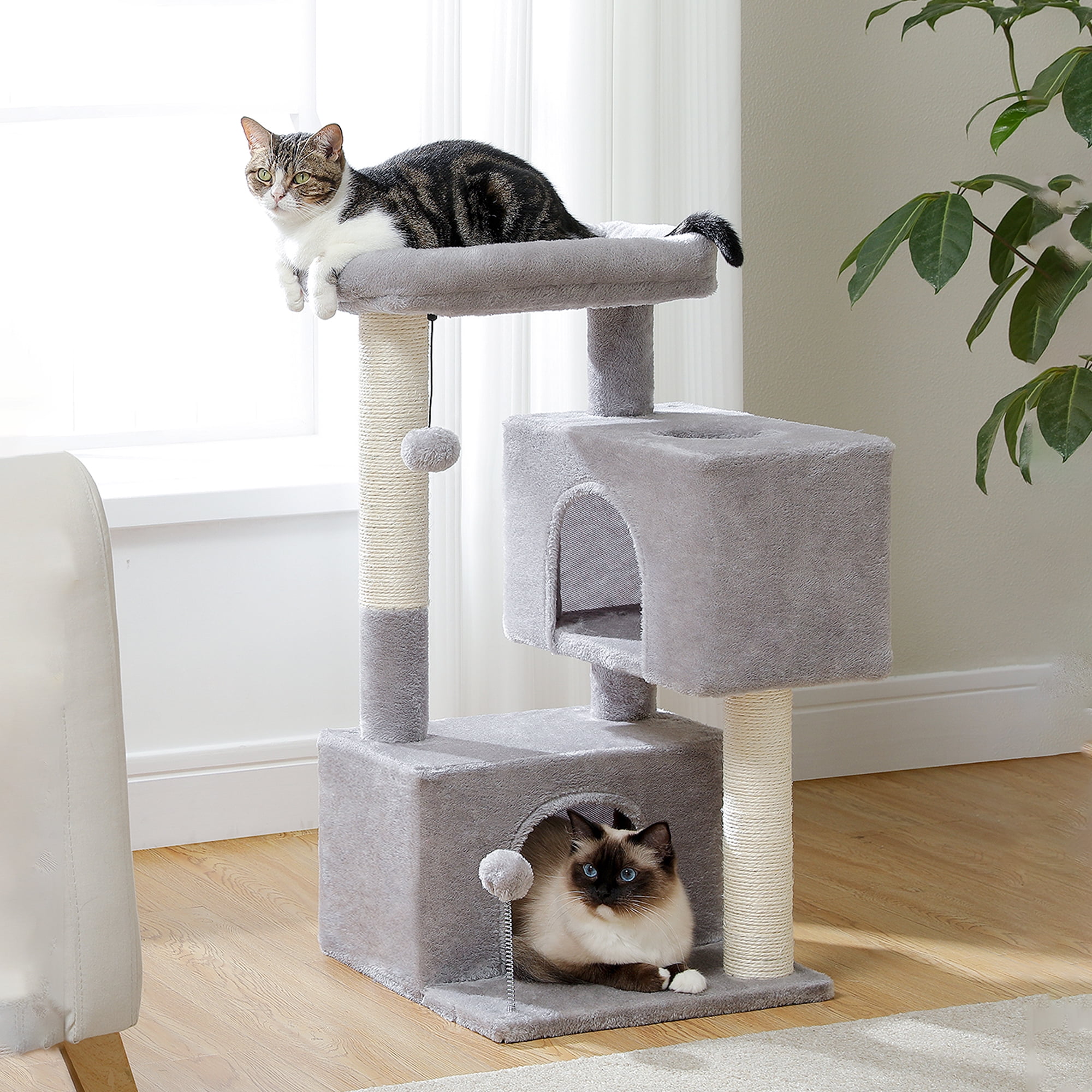 Pefilos 31" Multi-Level Cat Tree Tower, Cute Sisal Play House Climber Activity Centre Furniture with Scratching Posts Hammock Dangling Ball, Gray