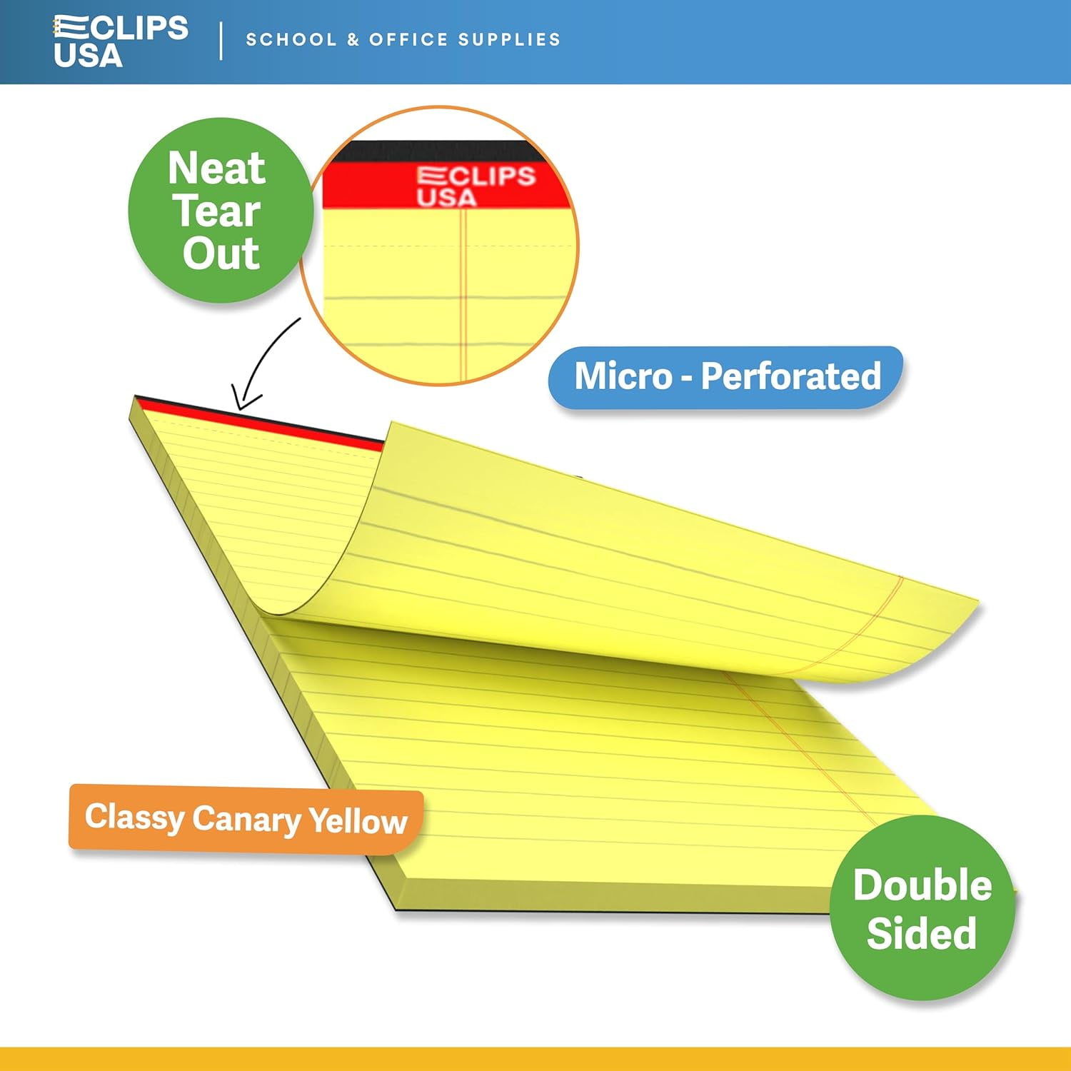 E-Clips USA 50-Sheet Legal Wide Ruled Paper Notepads with Chipboard Back, Canary Yellow, 12-Pack