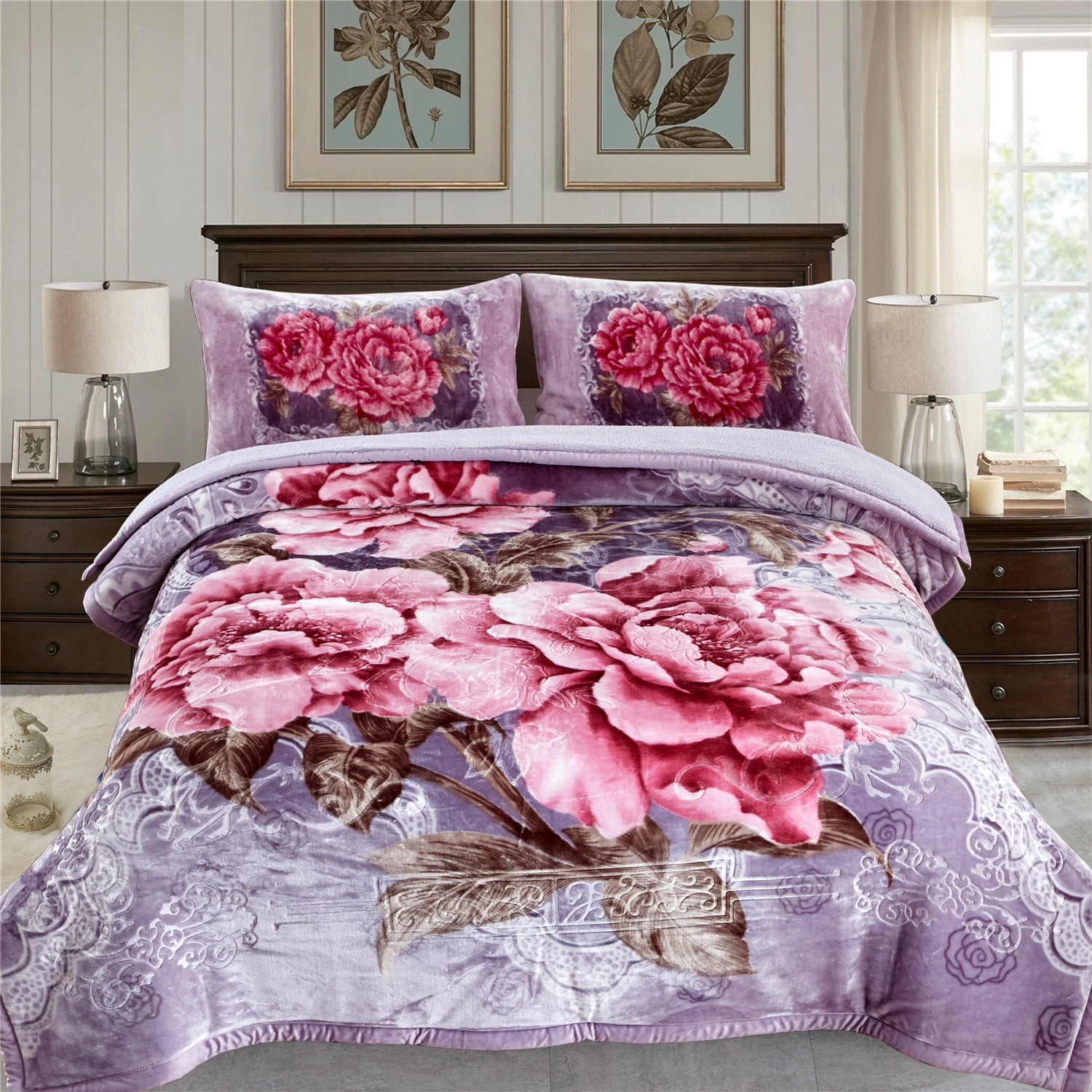 NC King Sherpa Fleece Bed Blanket,Embossed Winter Borrego Blanket,3-Piece 79"x91",7.5LB