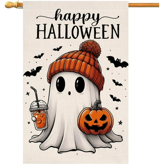 Halloween Ghost House Flag 28x40 Vertical Double Sided Black Bat Happy Fall Holiday Outside Decorations Burlap Yard Flag BW836-40