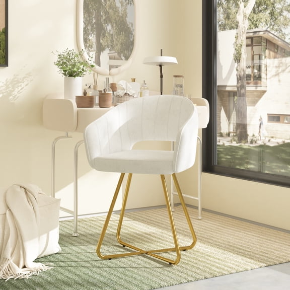 VECELO Accent Chair with Golden Metal Legs, Comfortable Upholstered Vanity Chair with Back for Makeup Room, Bedroom, Living Room, Guest Reception, White