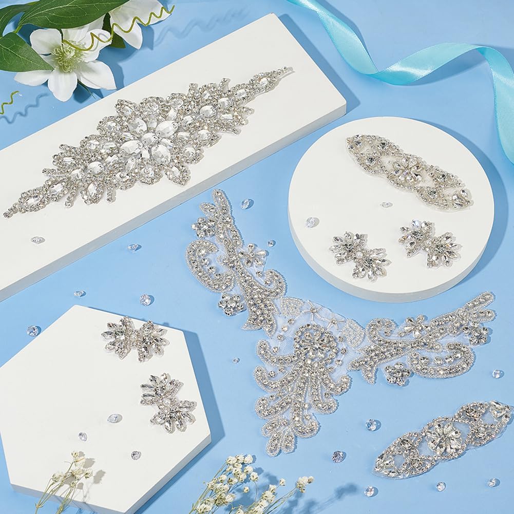 8 PCS 4Style Rhinestone Applique Wedding Rhinestone Appliques Iron on/Sew on Bridal Patches Silver Bridal Appliques for Wedding Dress Belt Decoration diy