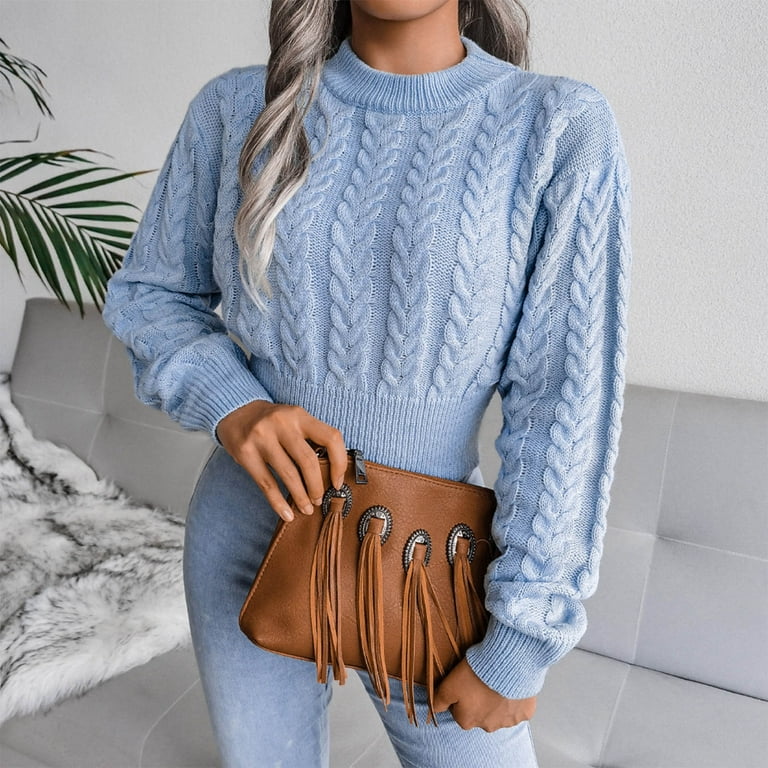 HTNBO Crop Sweaters for Juniors Long Sleeve Chunky Knit Cute