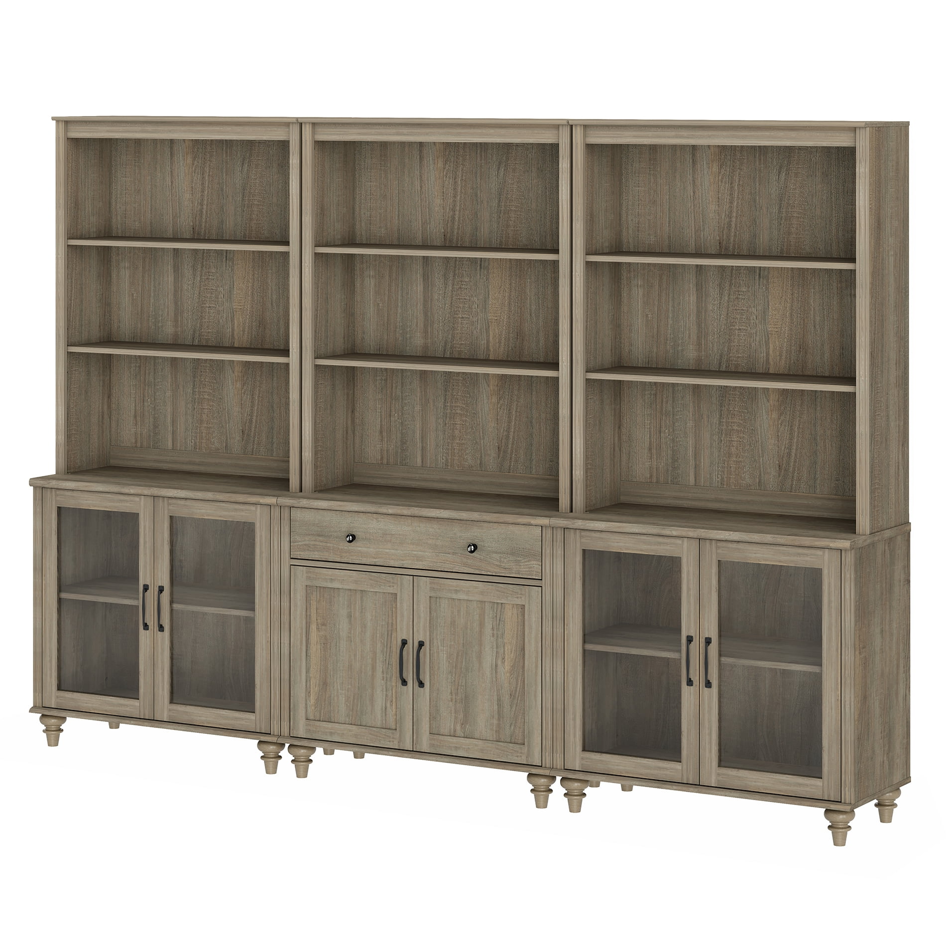 Farmhouse 5 Tier Bookcase With Doors & Drawer, Wash Gray, 101.6" W
