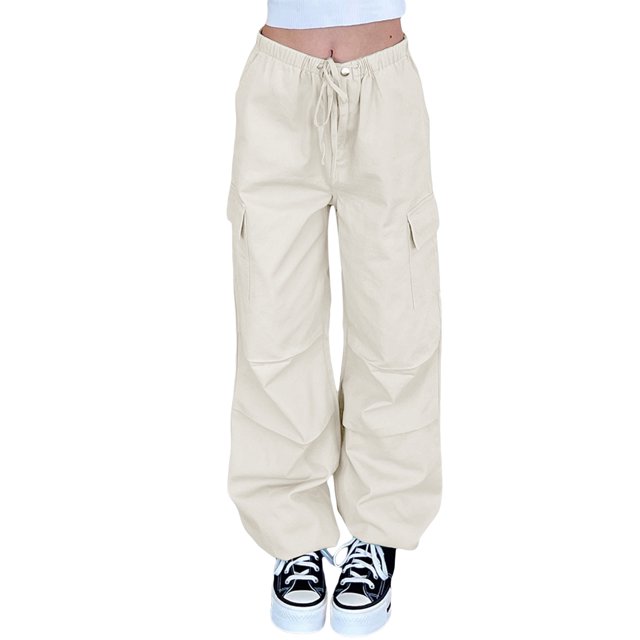 xiaxaixu Women Baggy Pants Solid Color Drawstring Waist Cargo Pants Multiple Pockets Jogger Pants