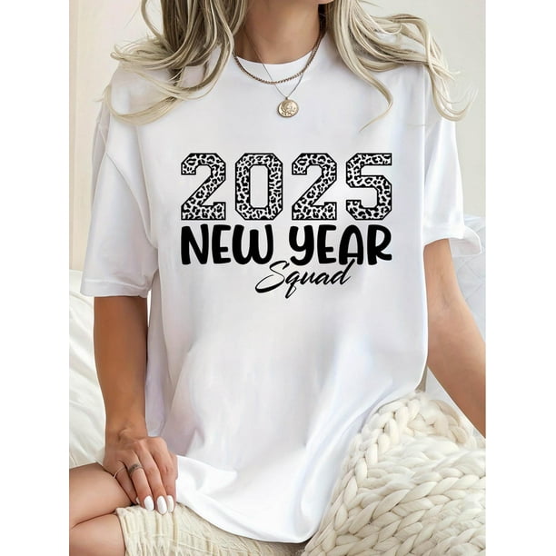 Women'S 2025 New Year Graphic Print T-Shirt, Casual Crew Neck Short Sleeve Tee, Comfortable Polyester Knit Fabric with Medium Stretch, for All Seasons