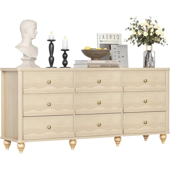 Homieasy 9 Drawer Dresser, 63" Wide Modern Chest of Drawers TV Stand with Smooth Slides and Rustic Handles, Wood Drawer Organizer, Natural Oak