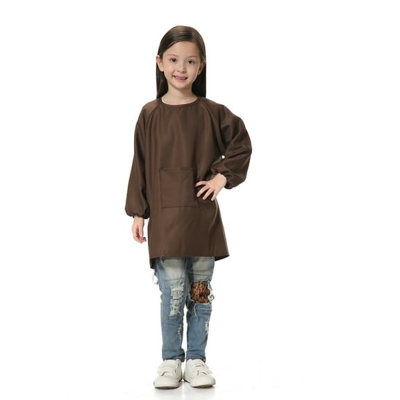 Toptie Cotton Kids Smock Apron for Hair Grooming Painting Cooking with Front Pocket & Long Sleeve, for Age 1-9 years-Coffee-L