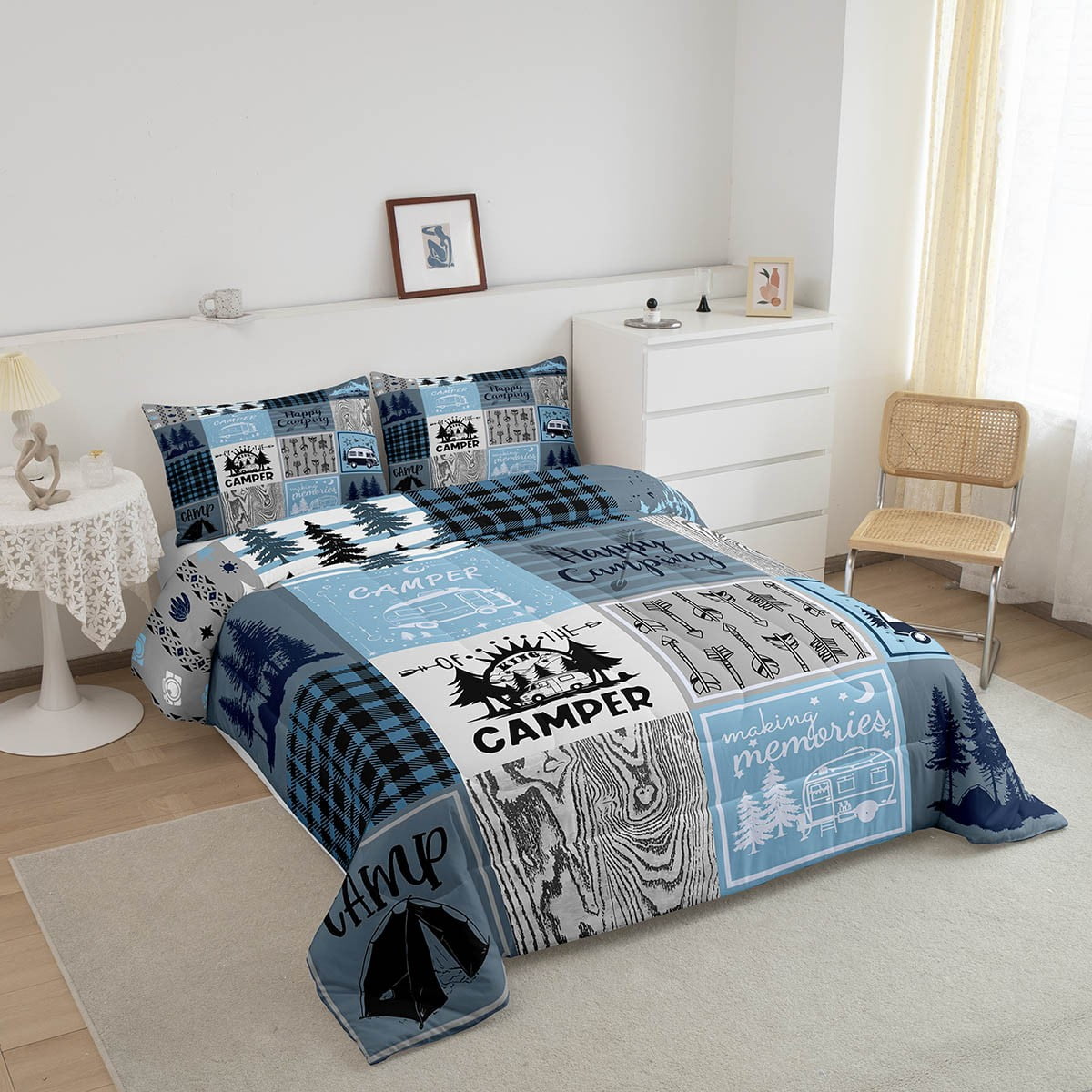 Erosebridal Camper Comforter Set Full Happy Camping Bedding Set Rv Bunk Accessories Comforter For Travel Trailers,Blue Grey Rustic Buffalo Plaid Arrow Pine Tree Quilt Duvet