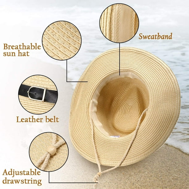 2 Pack Womens Wide Brim Sun Hat with Wind Lanyard UPF Beach Travel  FoldableSummer Cowboy Sun Straw Hats for Women Men Beige, 21-23.6 inch/  52-60 cm 