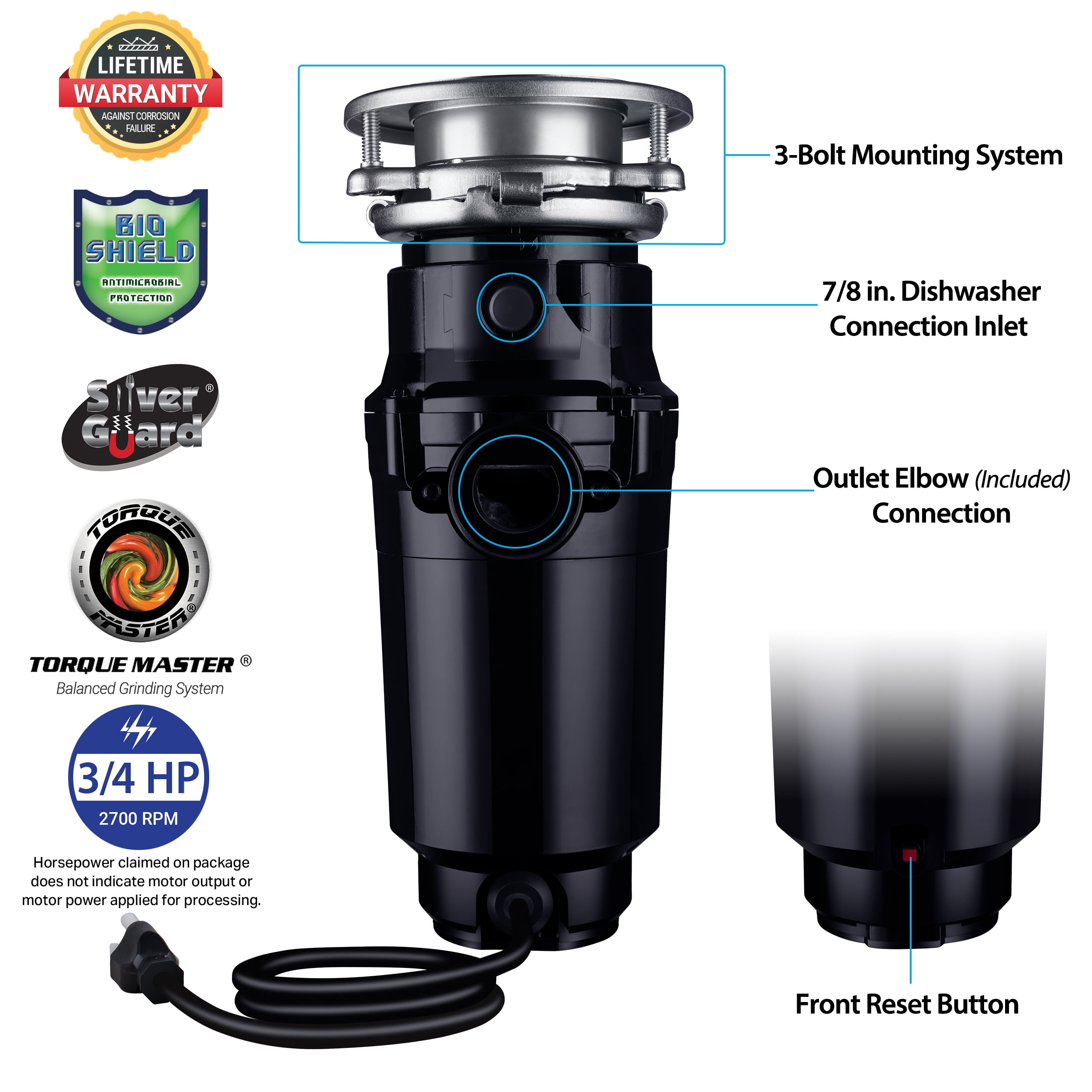 Waste Maid Kitchen Garbage Disposal, 3/4 HP, Slim Line, Black 10-US-WM-458-SL-3B