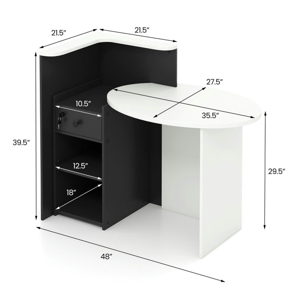 Demi Bonn Front Reception Office Desk with Open Shelf and Lockable Drawer, Small Home Computer Desk Study Writing Table, White + Black