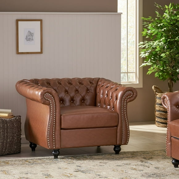 Chesterfield Cigar Chair, Modern Leather Tufted Accent Sofa Couch with Nailhead Trim | Rolled Arms for Living Room, Bedroom, Office, or Apartment | Club Chair (Brown)