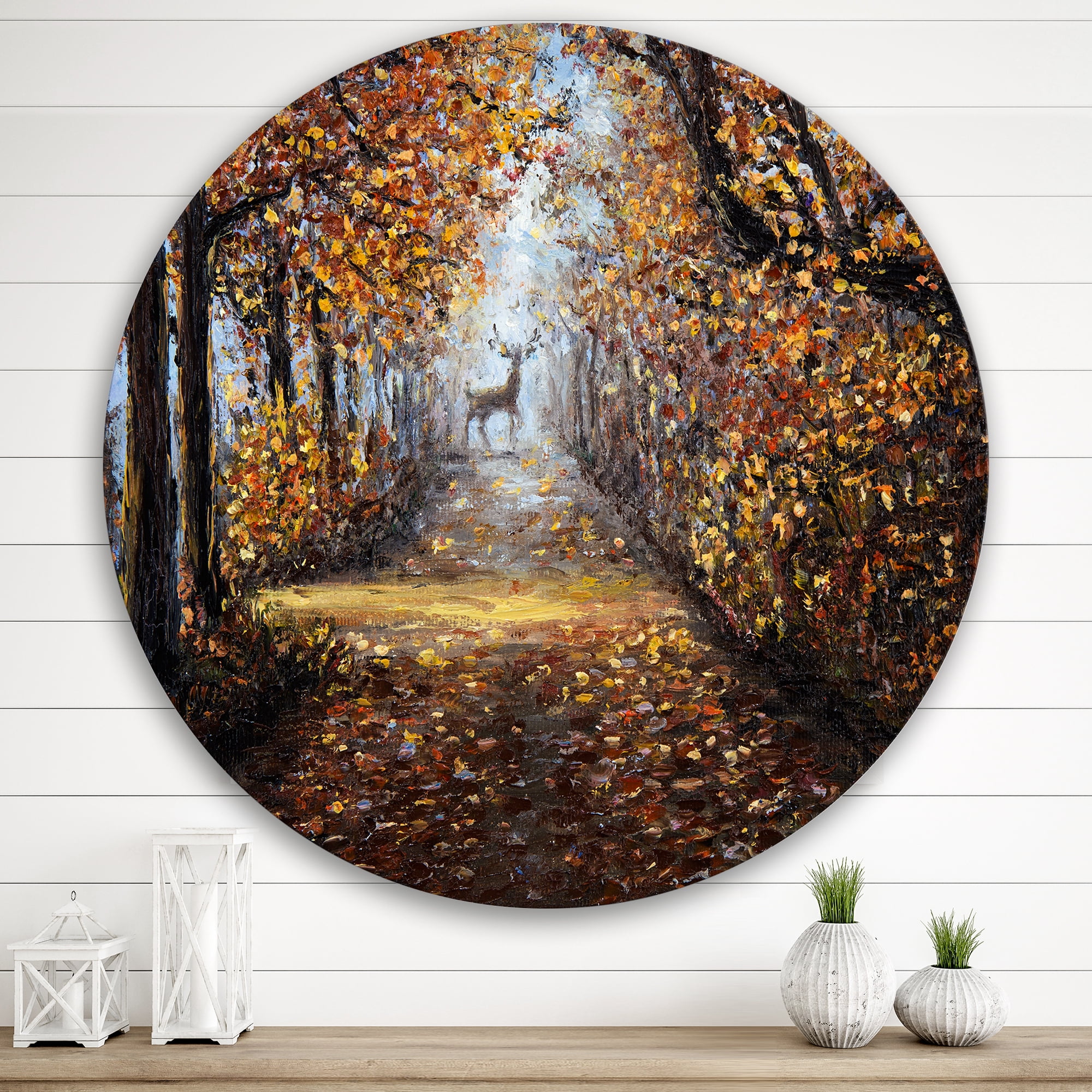 Designart 'Deer In The Autumn Park' Lake House Circle Metal Wall Art 36x36 - Disc of 36