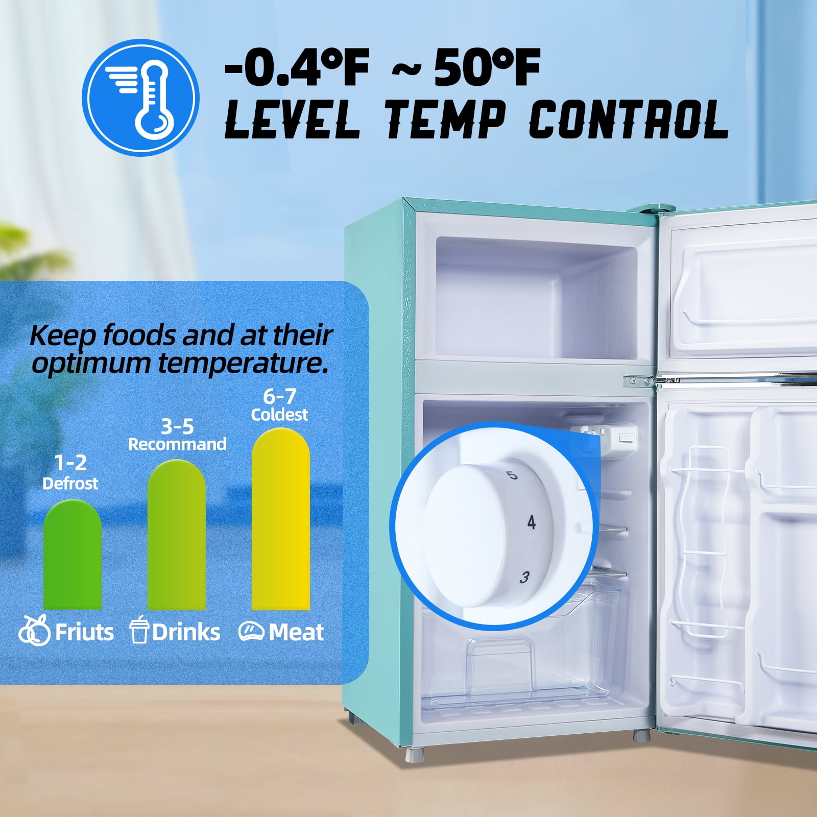 TACOOL Small Retro Mini Fridge with Top Freezer 100 Liter Dual Door Compact Refrigerator with Adjustable Thermostat LED Light, Low Noise for Dorm Blue