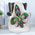 thumbnail image 4 of Fleur De Lis Soft Flannel Fleece Throw Blanket, Golden Yellow Colored Lily Diamond Shapes Royalty Theme, Cozy Plush for Indoor and Outdoor Use, 60" x 80", Purple Green, by Ambesonne, 4 of 5
