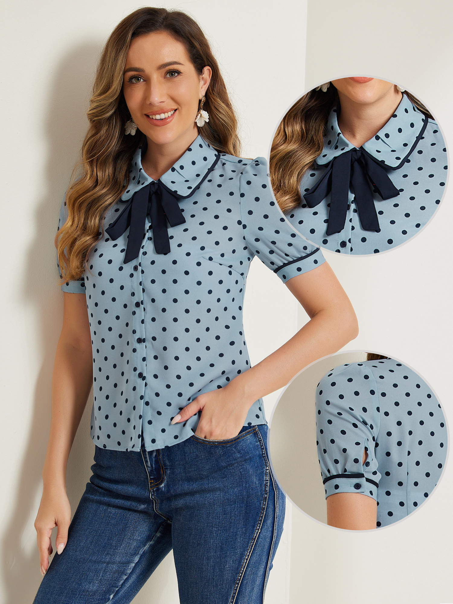 DARING DIVA Women's Peter Pan Collar Puff Sleeve Vintage Tops XS Light Blue