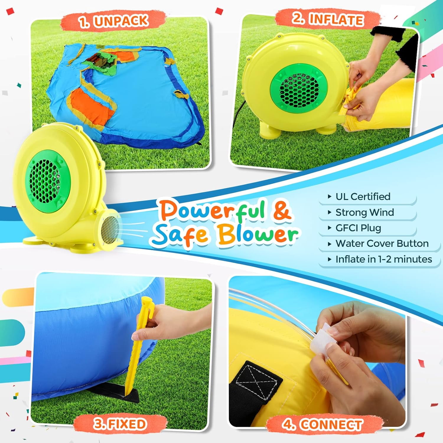 Qhomic Inflatable Water Slide with Spray Pool, 2 Water Guns, Climbing Wall, Basketball Hoop, and Inflatable Bounce House with UL Air Blower, (Gift for Kids), Polyester, Child, Teen, Toddler