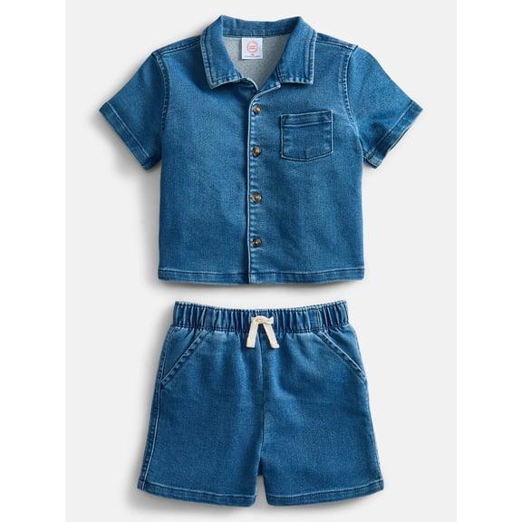 Wonder Nation Baby Boys Short Sleeve Collared Button Top and Matching Shorts Set, Sizes 0/2M-24M