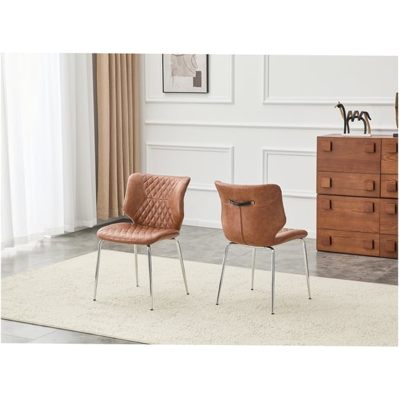 JERFIT Mid-Century Modern Dining Chairs Set of 2, Brown Leather Upholstered Kitchen Chairs with Tufted Back and Metal Legs for Dining Room