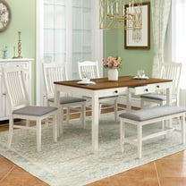 Euroco 6-Piece Mid-Century Solid Wood 3-Drawer Dining Table Set, Walnut Top/Butter Milk Frame