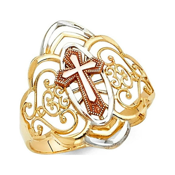 14k Tri Color Italian Solid Gold Religious Spiral Design Cross Ring 20mm