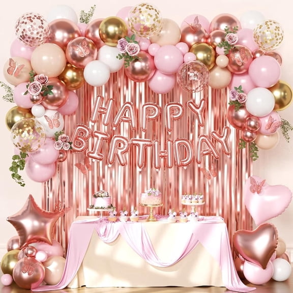 Rose Gold Birthday Decorations, Gold Pink Peach White Balloons Confetti Foil Balloons Happy Birthday Banner Butterfly Fringe Curtains birthday Decorations for Women Teens