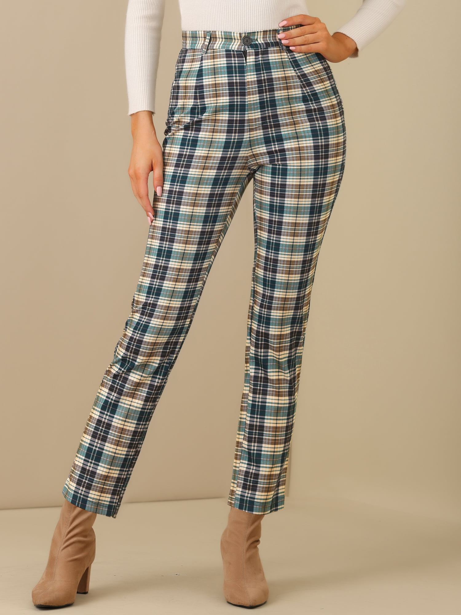 DARING DIVA Women's Plaid Trousers Button Tartan Check Work Pants XL Green