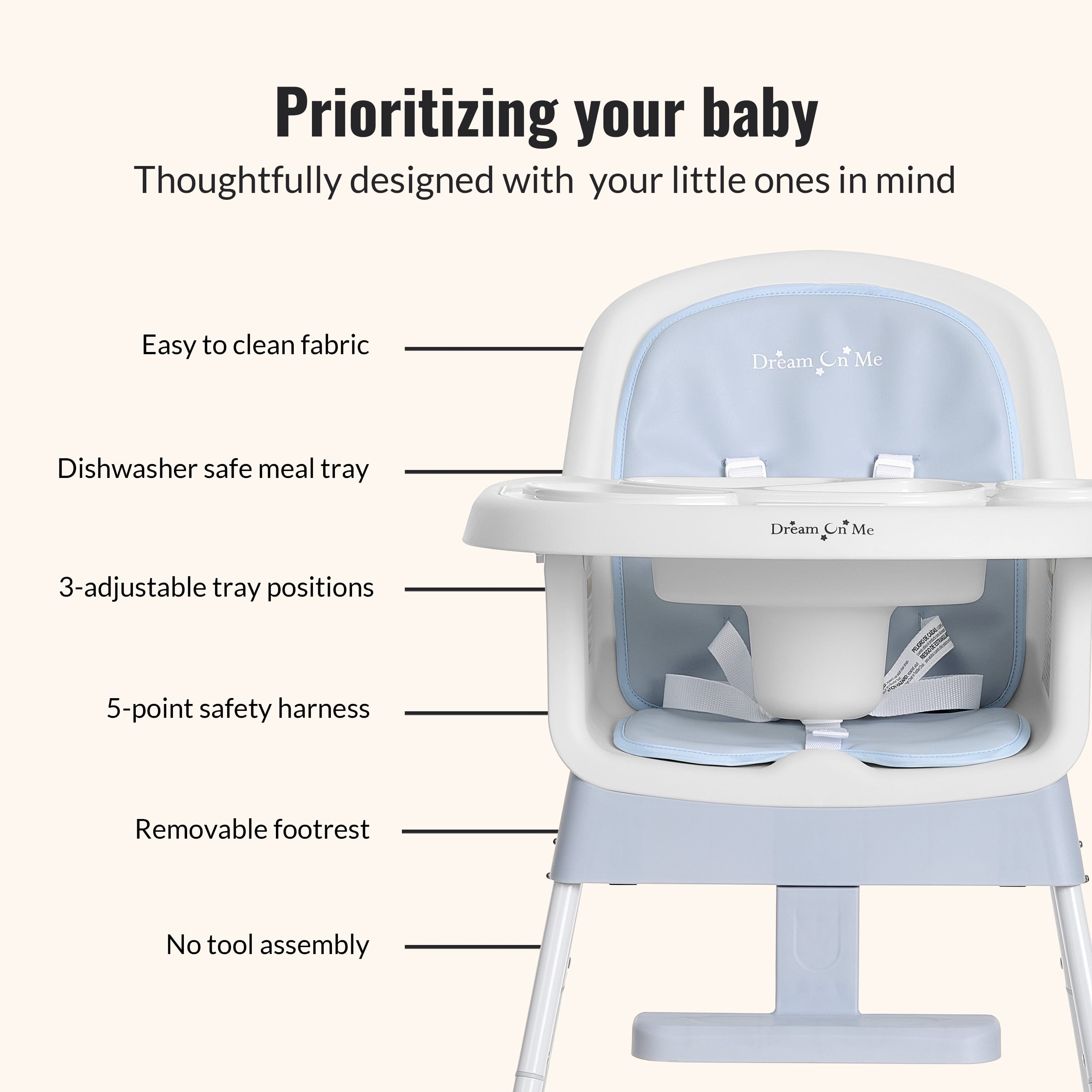 Dream On Me Lightweight & Convertible Curio Sit N Seek High Chair, Sky Blue