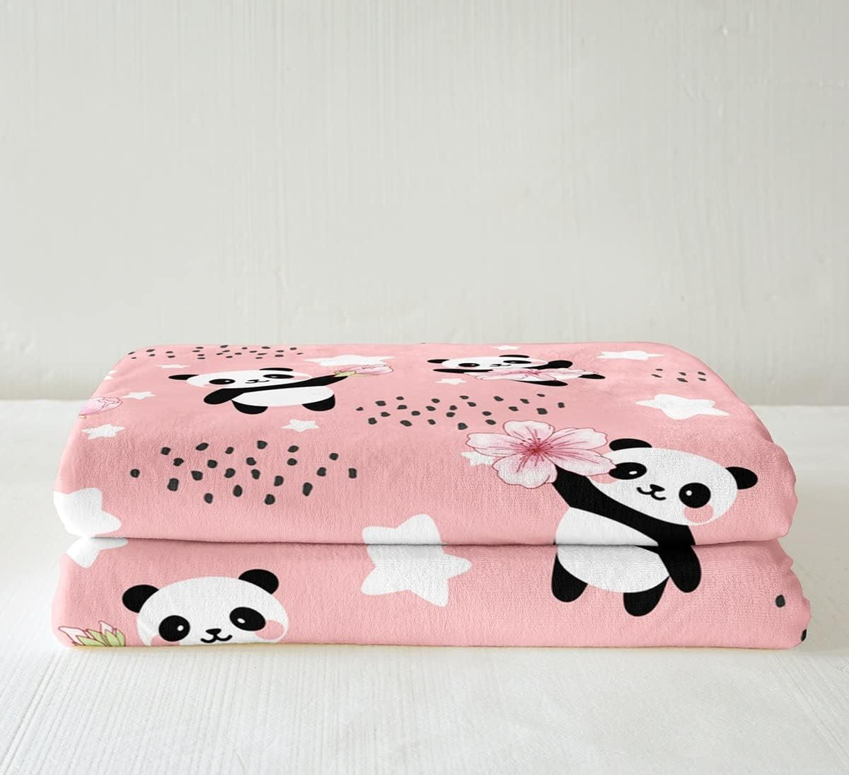 Kawaii Panda Fleece Blanket for Girls,Pink Cherry Blossom Sherpa Blanket Stars Blanket Throw Size Cute Dots Throw Blanket for Couch Sofa,Lovely Bear Animal Fuzzy Blanket Microfiber