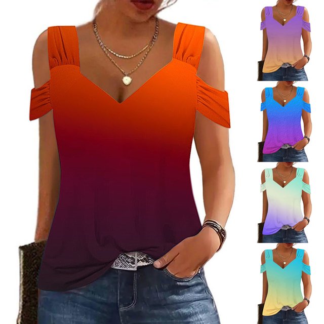 Fiudx Ofertas y Liquidaciones Blusas con Cuello En V y Hombros Descubiertos para Mujer, Top de Manga Corta