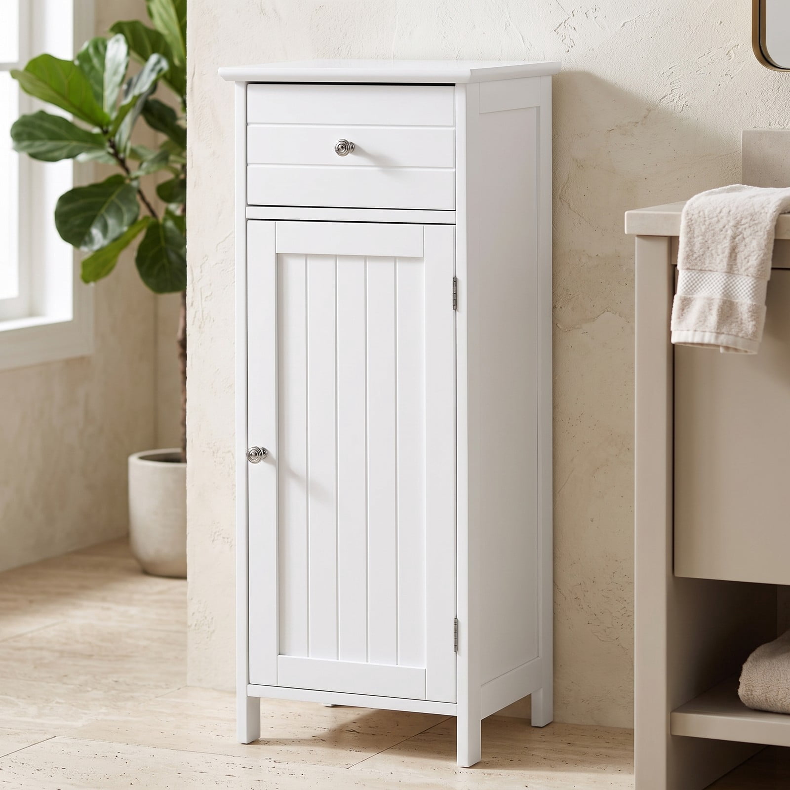 ALPULON Wooden Bathroom Floor Storage Cabinet with Drawer and Adjustable Shelf, Freestanding MDF Side Organizer for Bathroom Entryway Living Room, White