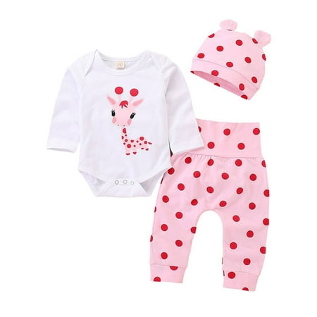 

FASHIONWT Newborn Baby Girls Cute Animal Printed Romper Pants Hat Outfits Clothes 3PCS Set 0-3 Months